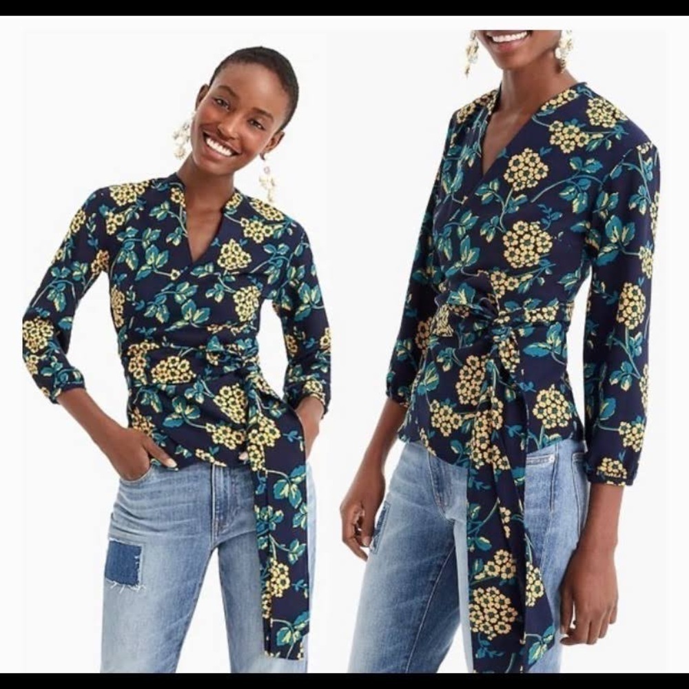 J. Crew Drapey Crepe Floral 3/4 Sleeves Wrap Top BLOUSE ~ SMALL